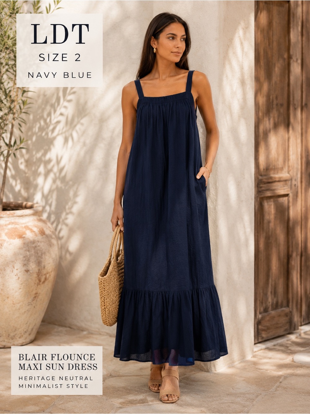LDT Blair Flounce Maxi Dress Size 2 Navy Blue Resort Coastal Sundress